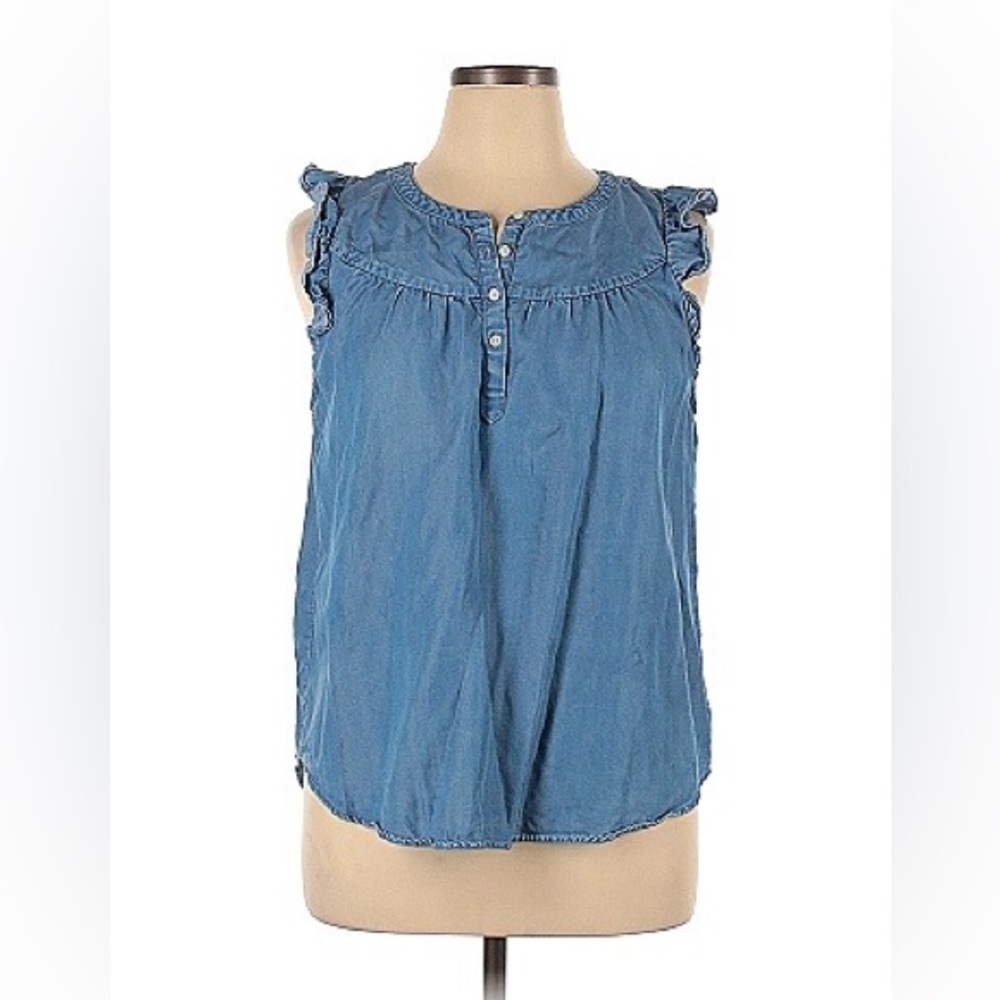 Ann Taylor LOFT Chambray Sleeveless Top with Ruffle Shoulder details